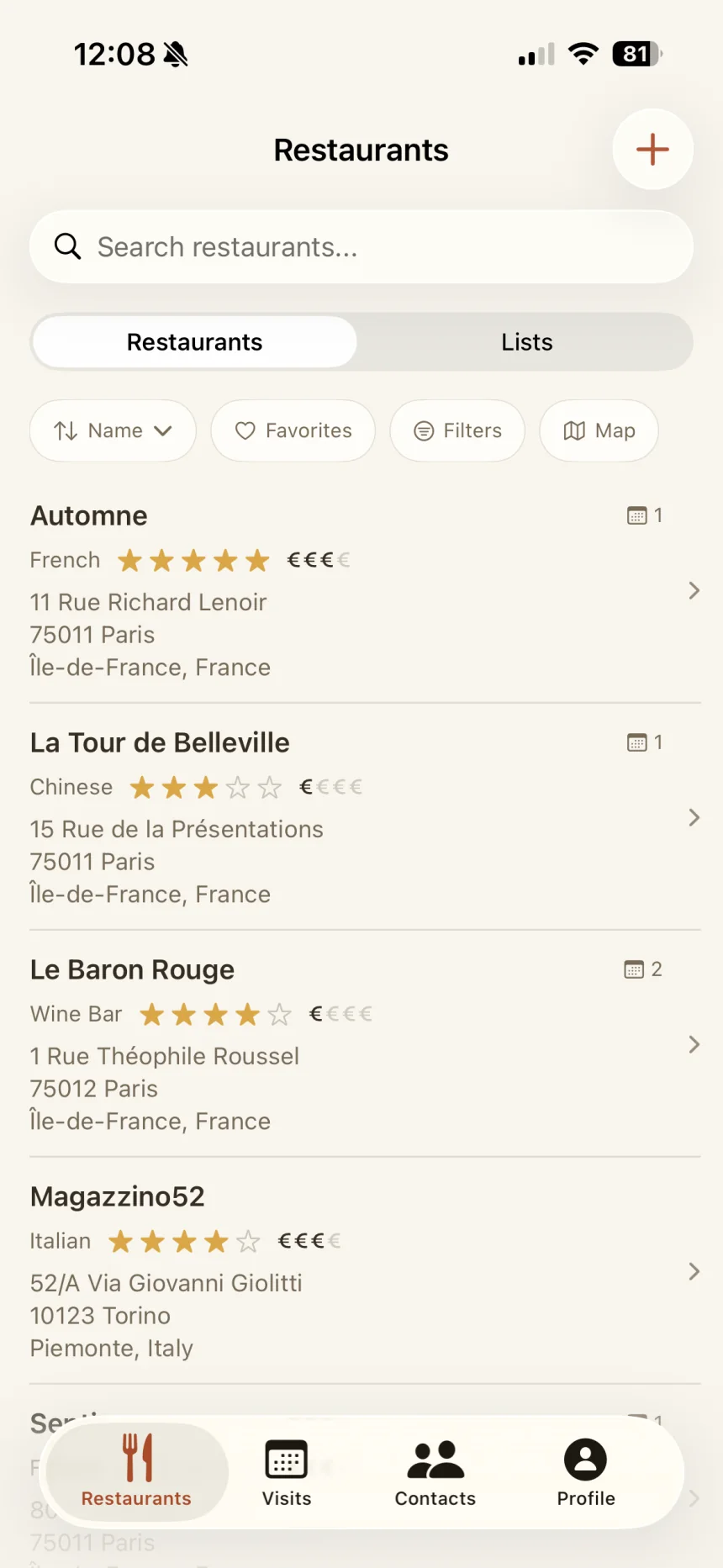 BentoBook restaurant collection with search, lists, filters, and map view