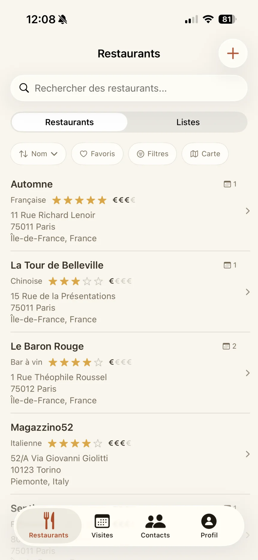 Collection de restaurants BentoBook avec recherche, listes, filtres et carte