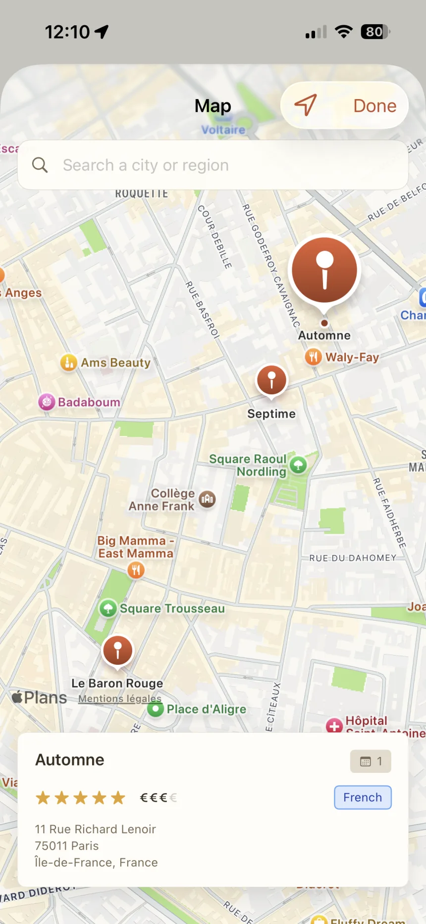 Saved BentoBook restaurants shown on a map