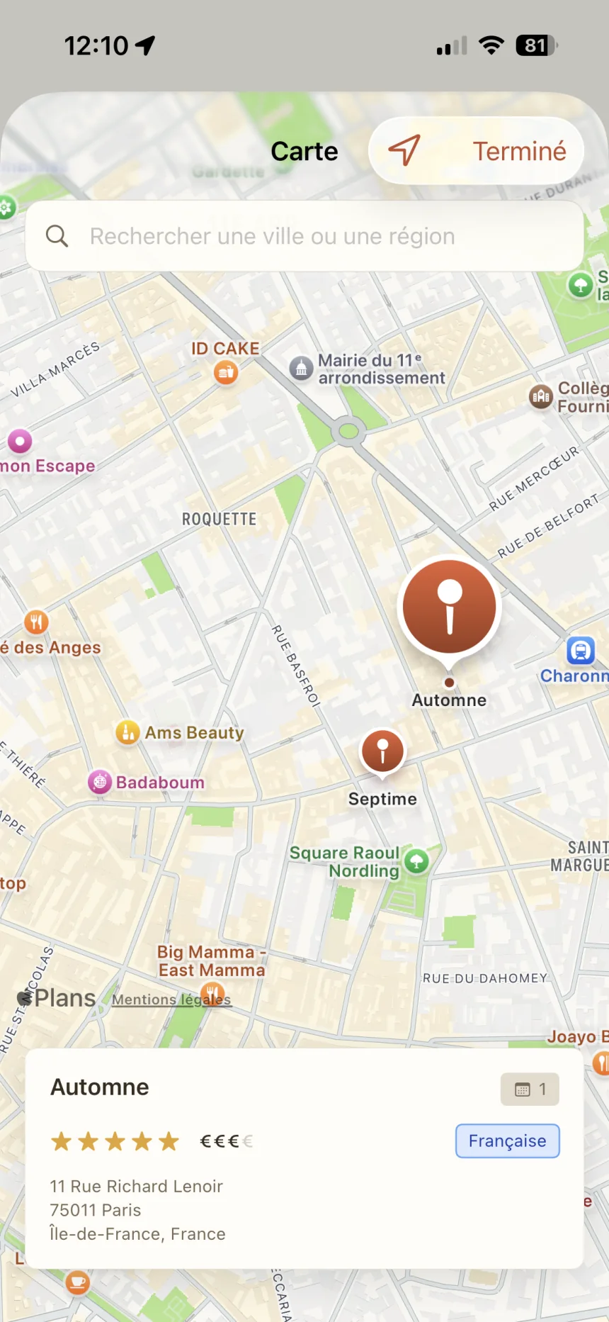 Restaurants enregistrés dans BentoBook affichés sur une carte