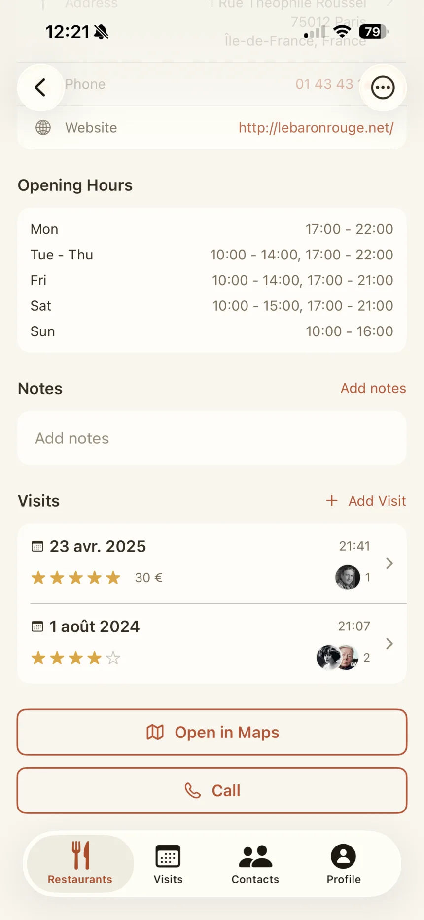 The history of visits attached to a restaurant in BentoBook