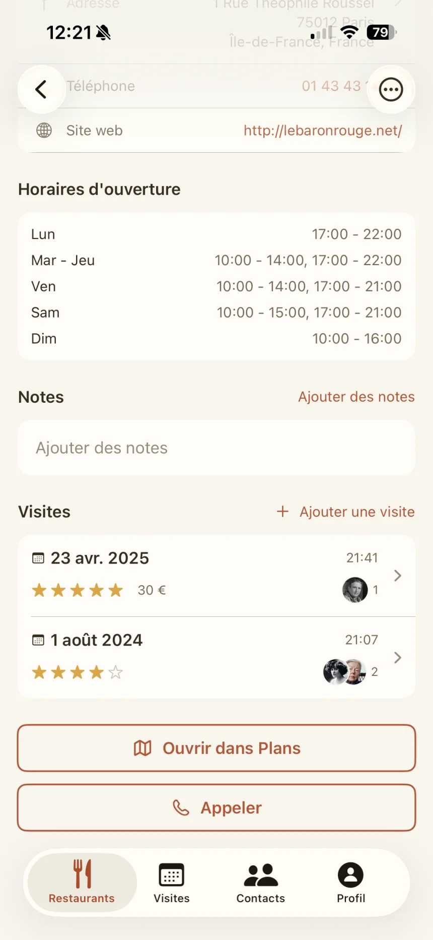 Historique des visites liées à un restaurant dans BentoBook